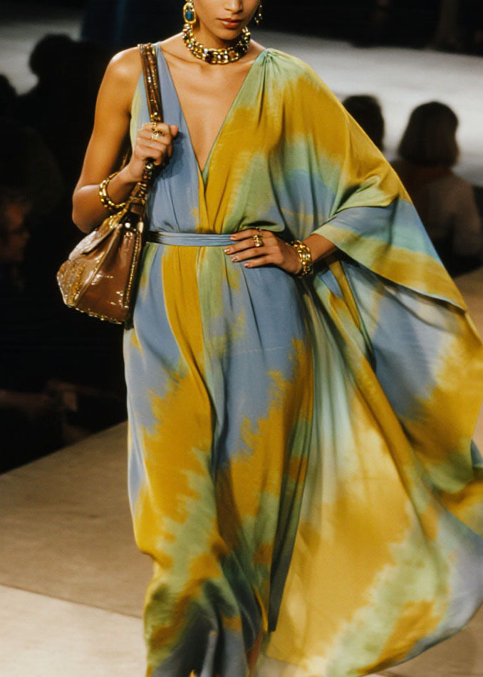 Unique V Neck Asymmetrical Design Tie Dye Cotton Long Dress Spring