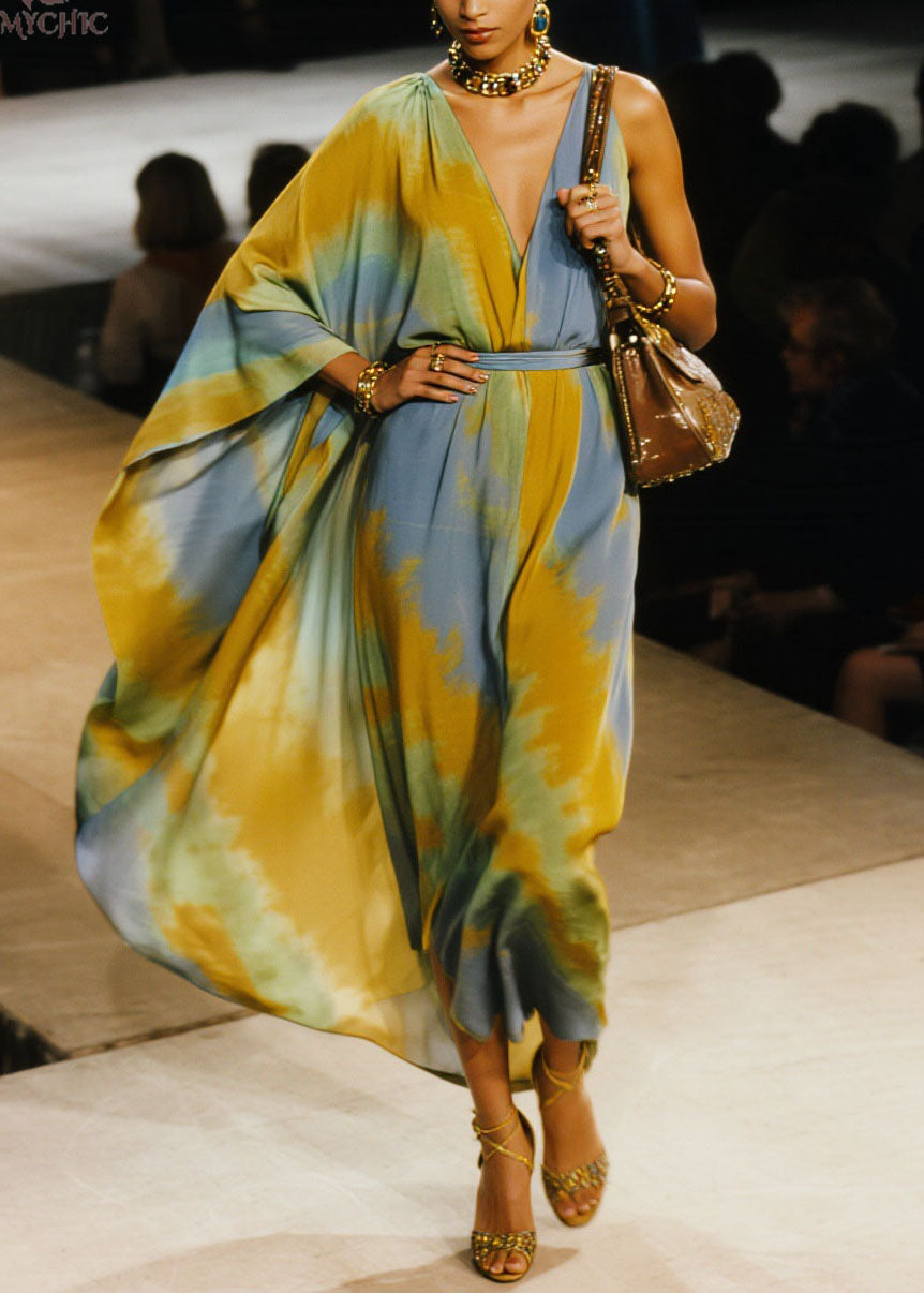 Unique V Neck Asymmetrical Design Tie Dye Cotton Long Dress Spring