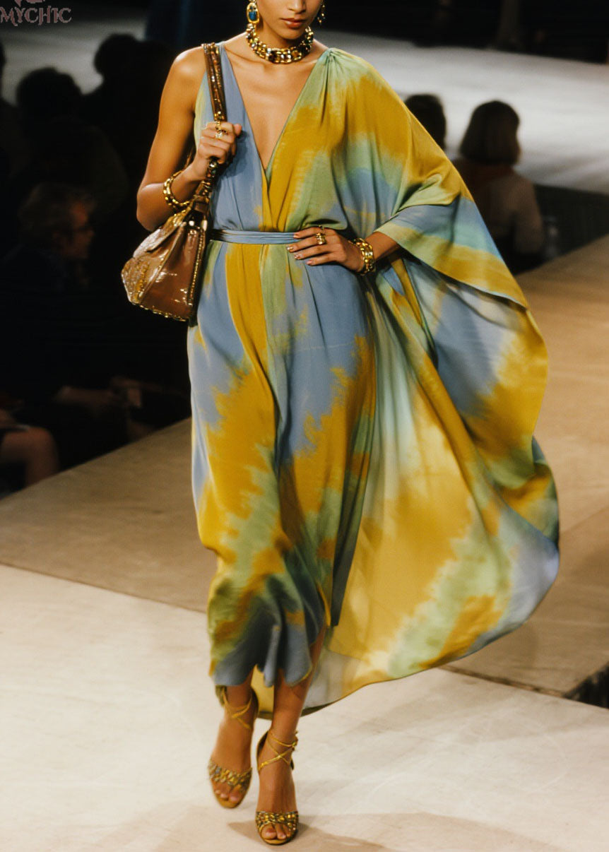 Unique V Neck Asymmetrical Design Tie Dye Cotton Long Dress Spring
