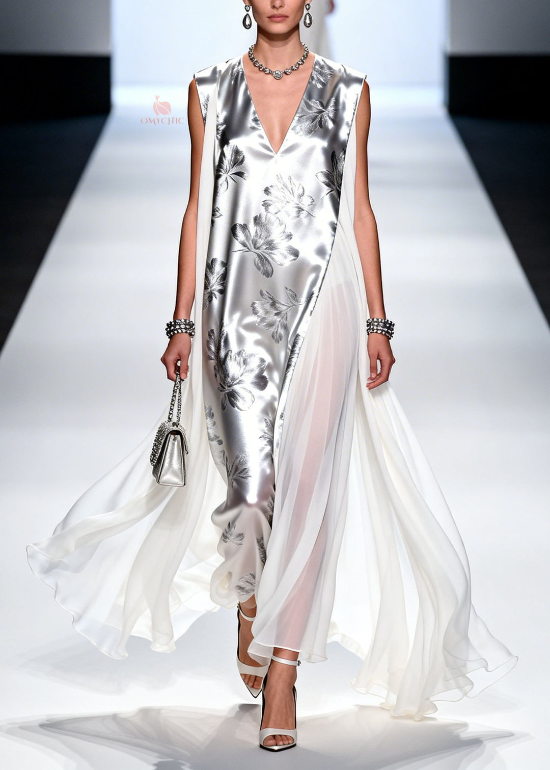 Unique V Neck Asymmetrical Patchwork Chiffon Dresses Summer