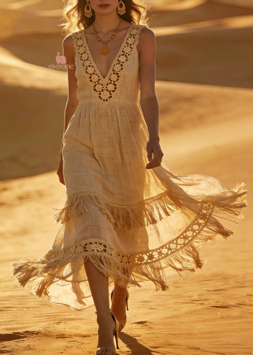 Unique V Neck Hollow Out Tassel Patchwork Cotton Dress Sleeveless - Omychic