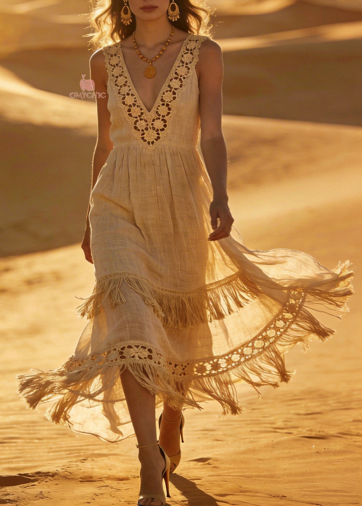 Unique V Neck Hollow Out Tassel Patchwork Cotton Dress Sleeveless - Omychic