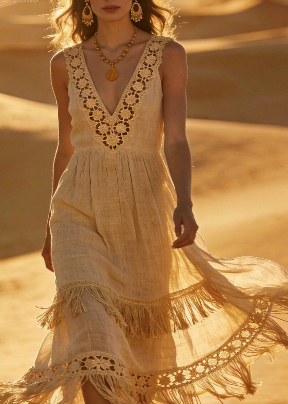 Unique V Neck Hollow Out Tassel Patchwork Cotton Dress Sleeveless - Omychic