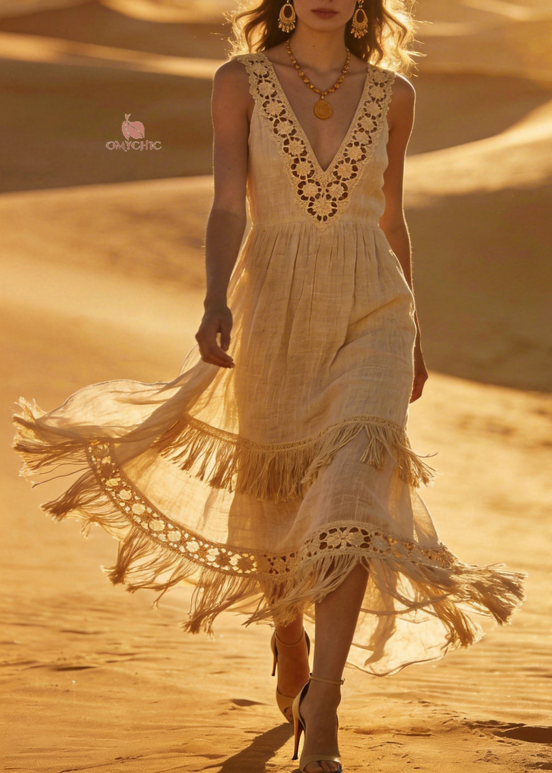 Unique V Neck Hollow Out Tassel Patchwork Cotton Dress Sleeveless - Omychic
