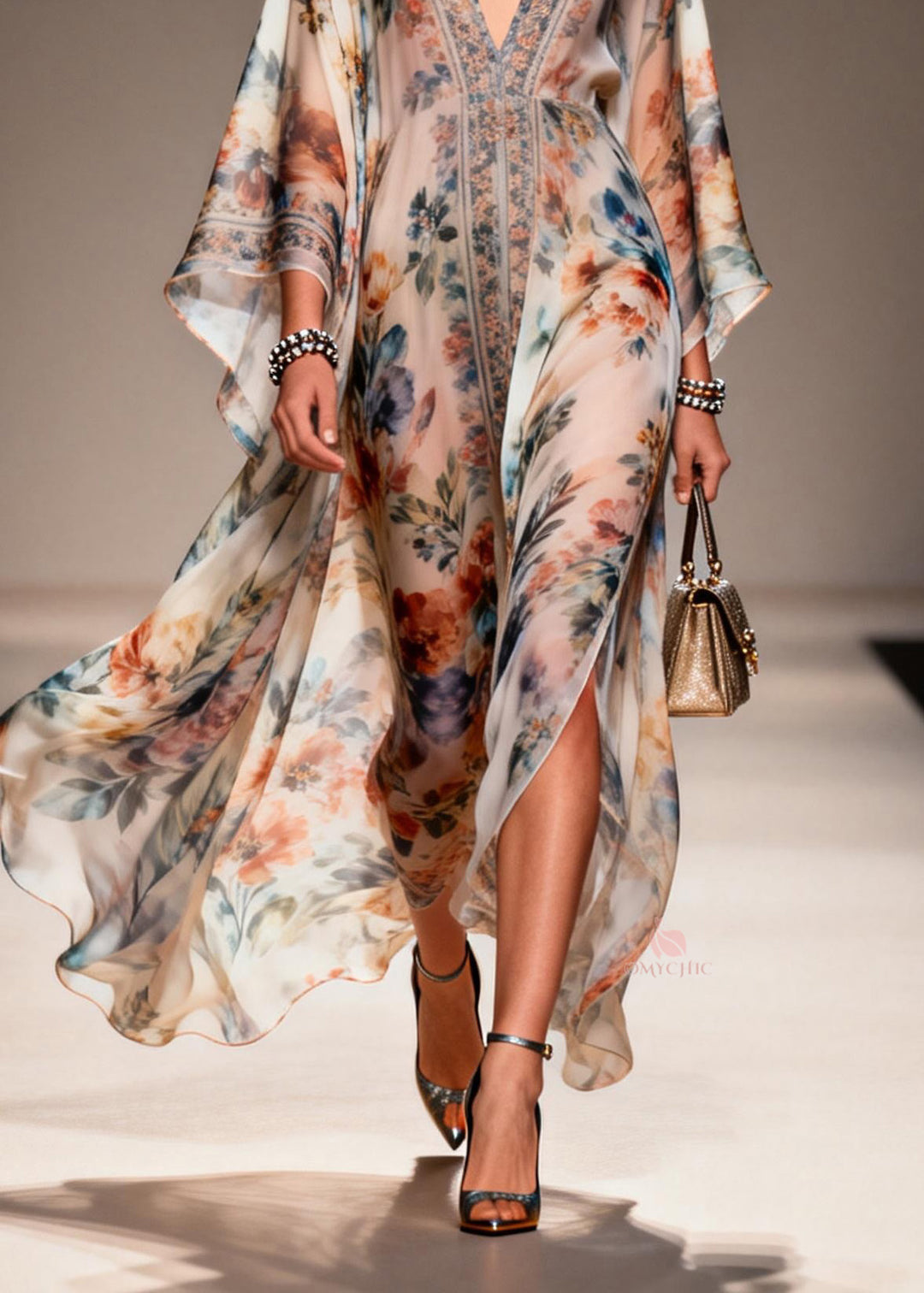 Unique V Neck Print Chiffon Maxi Dresses Spring