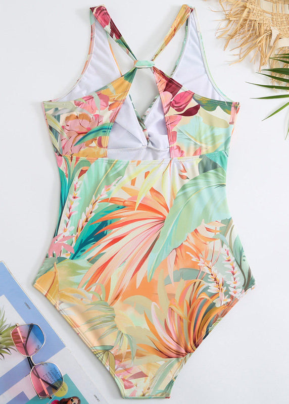 Unique V Neck Print Hollow Out Bodysuit Swimwear
