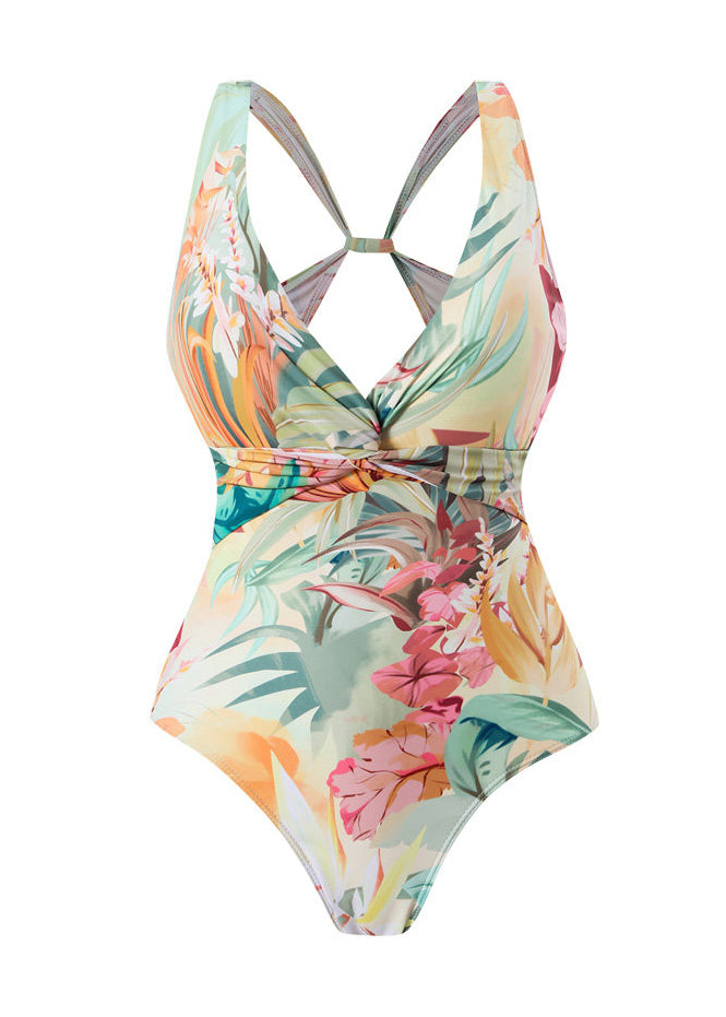 Unique V Neck Print Hollow Out Bodysuit Swimwear