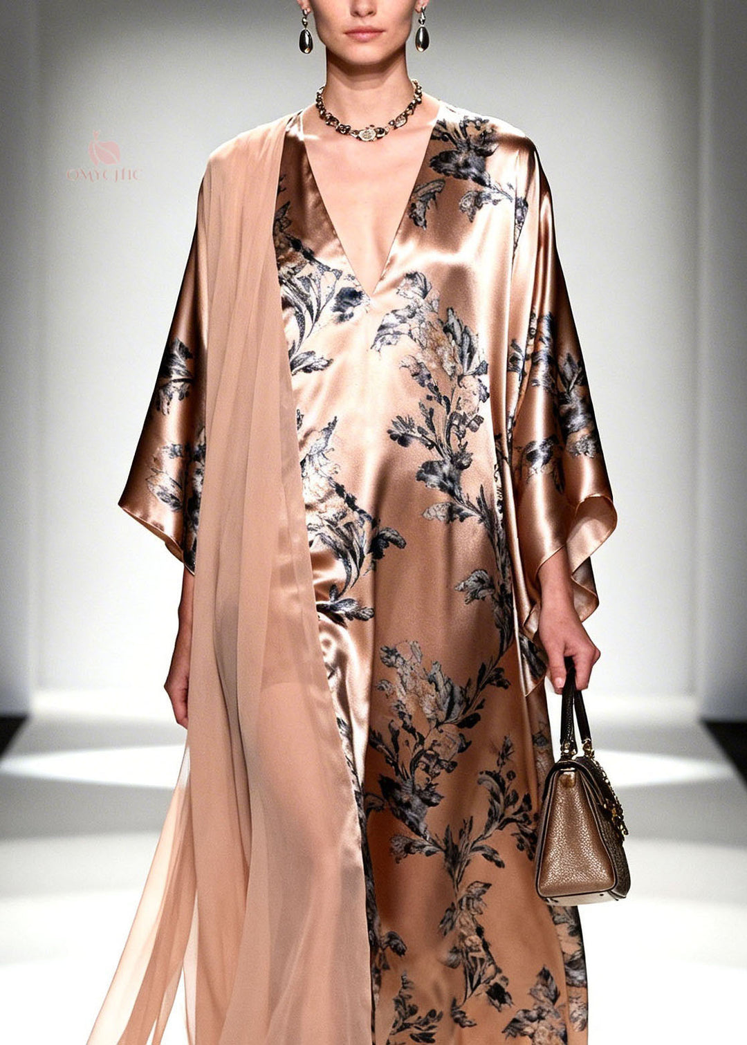Unique V Neck Print Patchwork Silk Maxi Dresses Spring