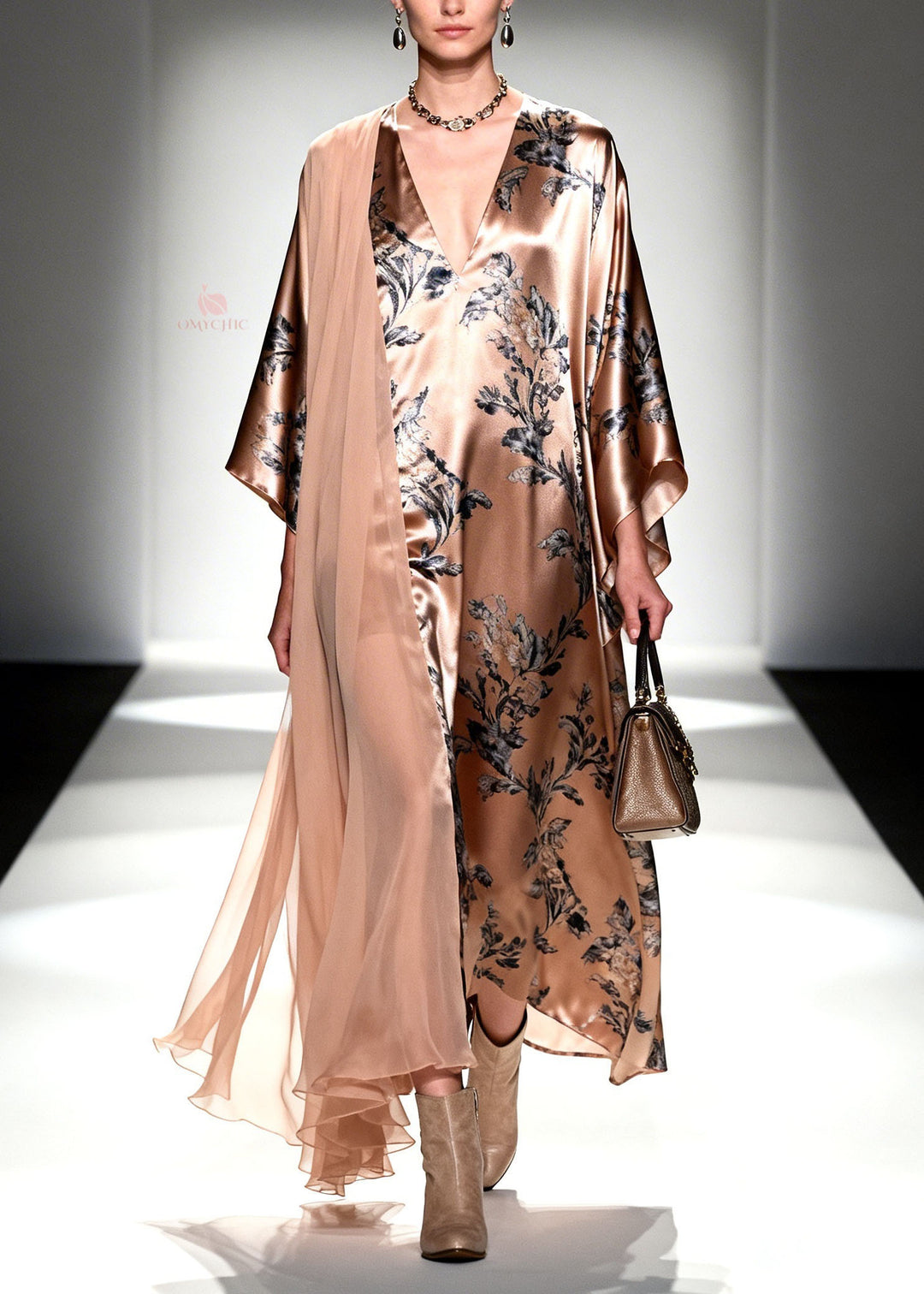 Unique V Neck Print Patchwork Silk Maxi Dresses Spring