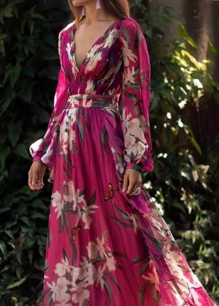 Unique V Neck Print Wrinkled Chiffon Long Dress Spring