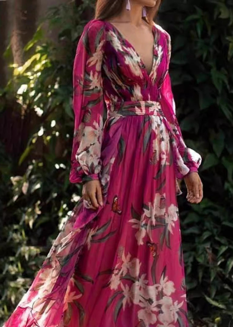 Unique V Neck Print Wrinkled Chiffon Long Dress Spring