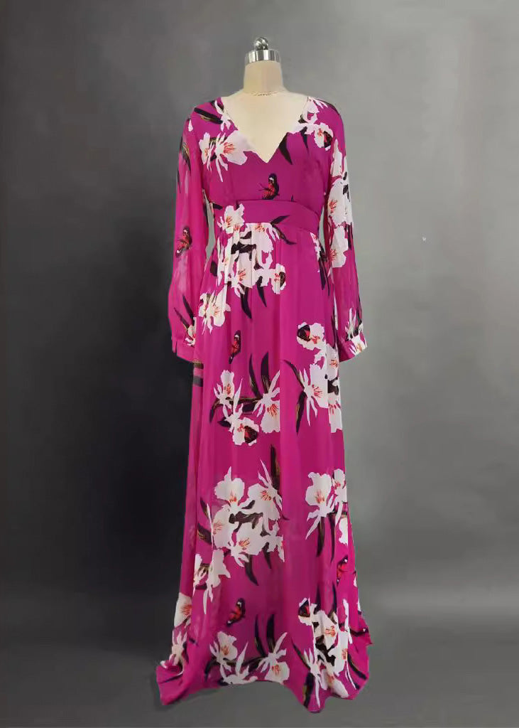 Unique V Neck Print Wrinkled Chiffon Long Dress Spring