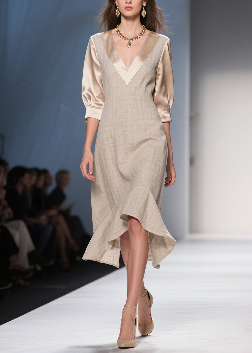 Unique V Neck Ruffled Patchwork Linen Silk Dresses Summer