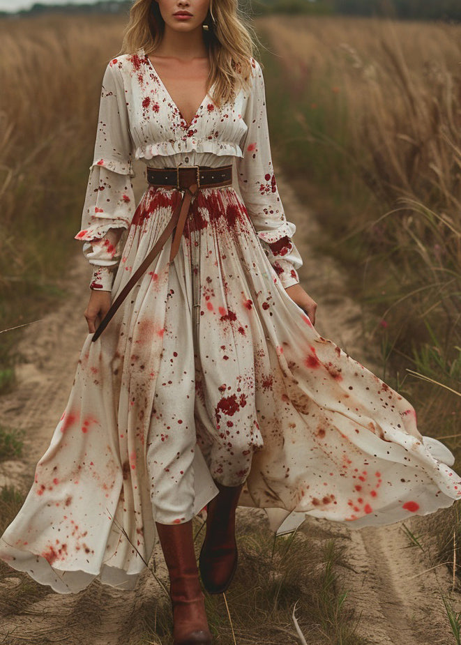Unique V Neck Ruffled Print Patchwork Cotton Dresses Long Sleeve