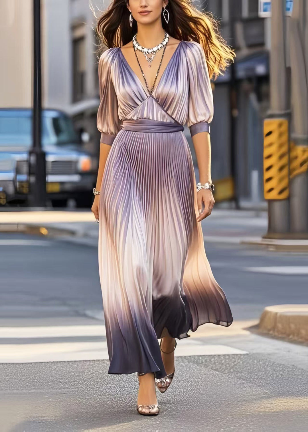 Unique V Neck Tie Dye Silk Pleated Dress Summer