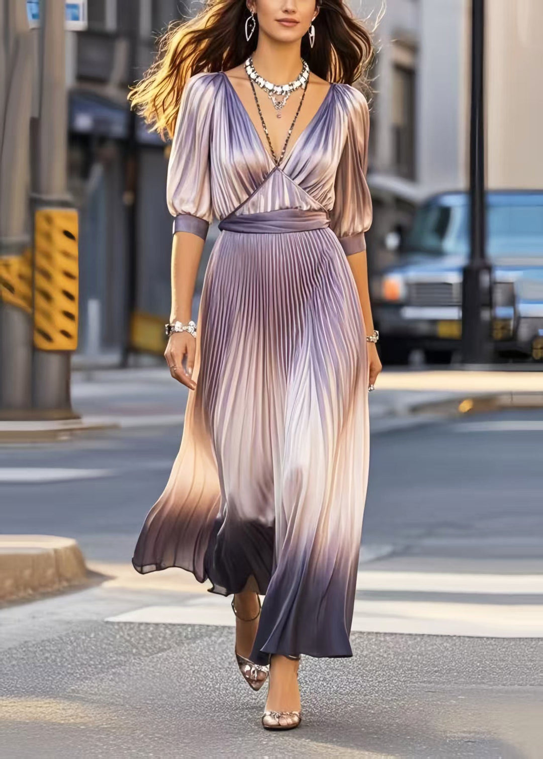 Unique V Neck Tie Dye Silk Pleated Dress Summer