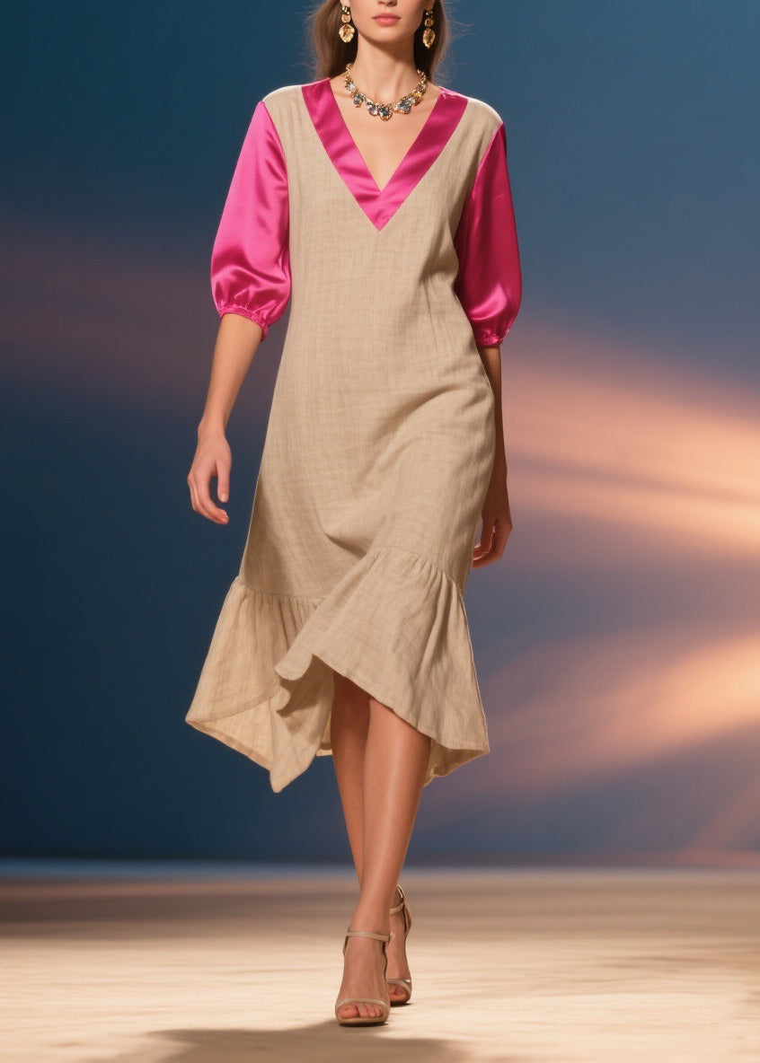 Unique V Neck Wrinkled Silk Patchwork Cotton Dress Summer