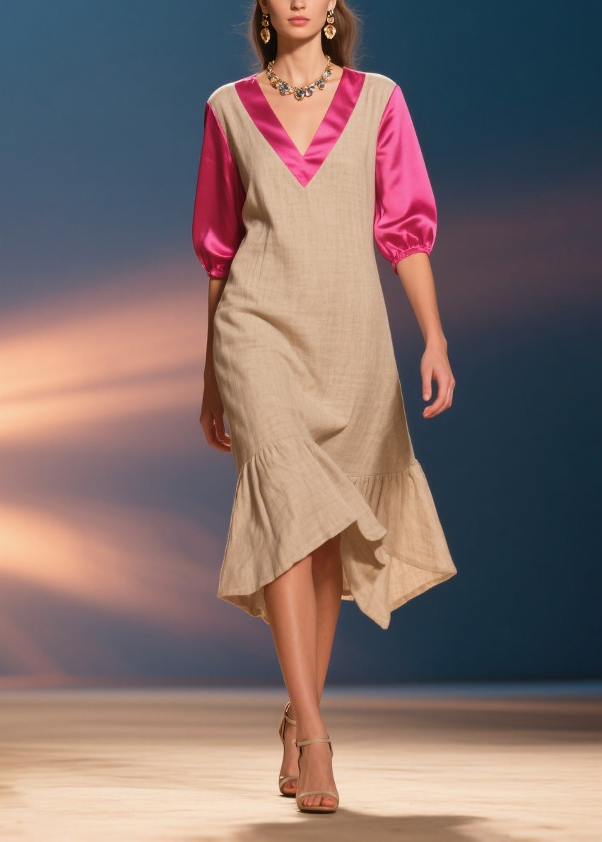 Unique V Neck Wrinkled Silk Patchwork Cotton Dress Summer