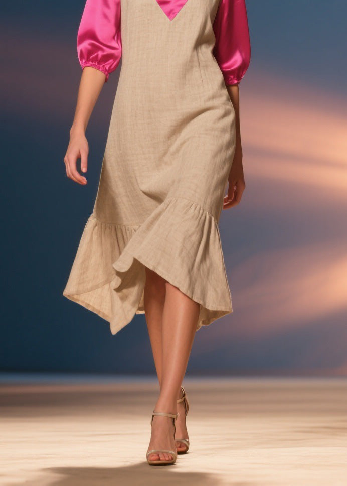 Unique V Neck Wrinkled Silk Patchwork Cotton Dress Summer