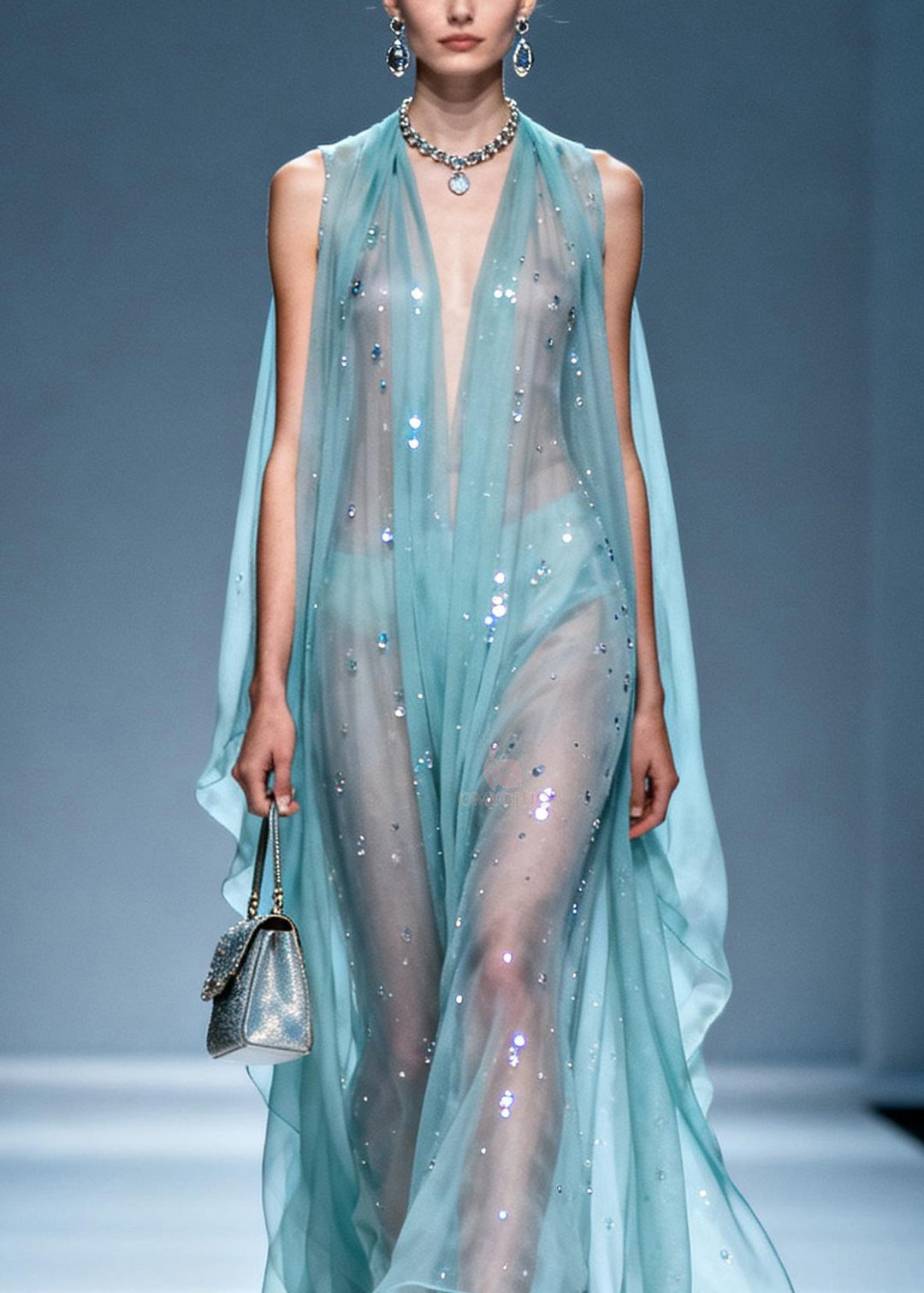 Unique V Neck Zircon Chiffon Long Dresses Summer
