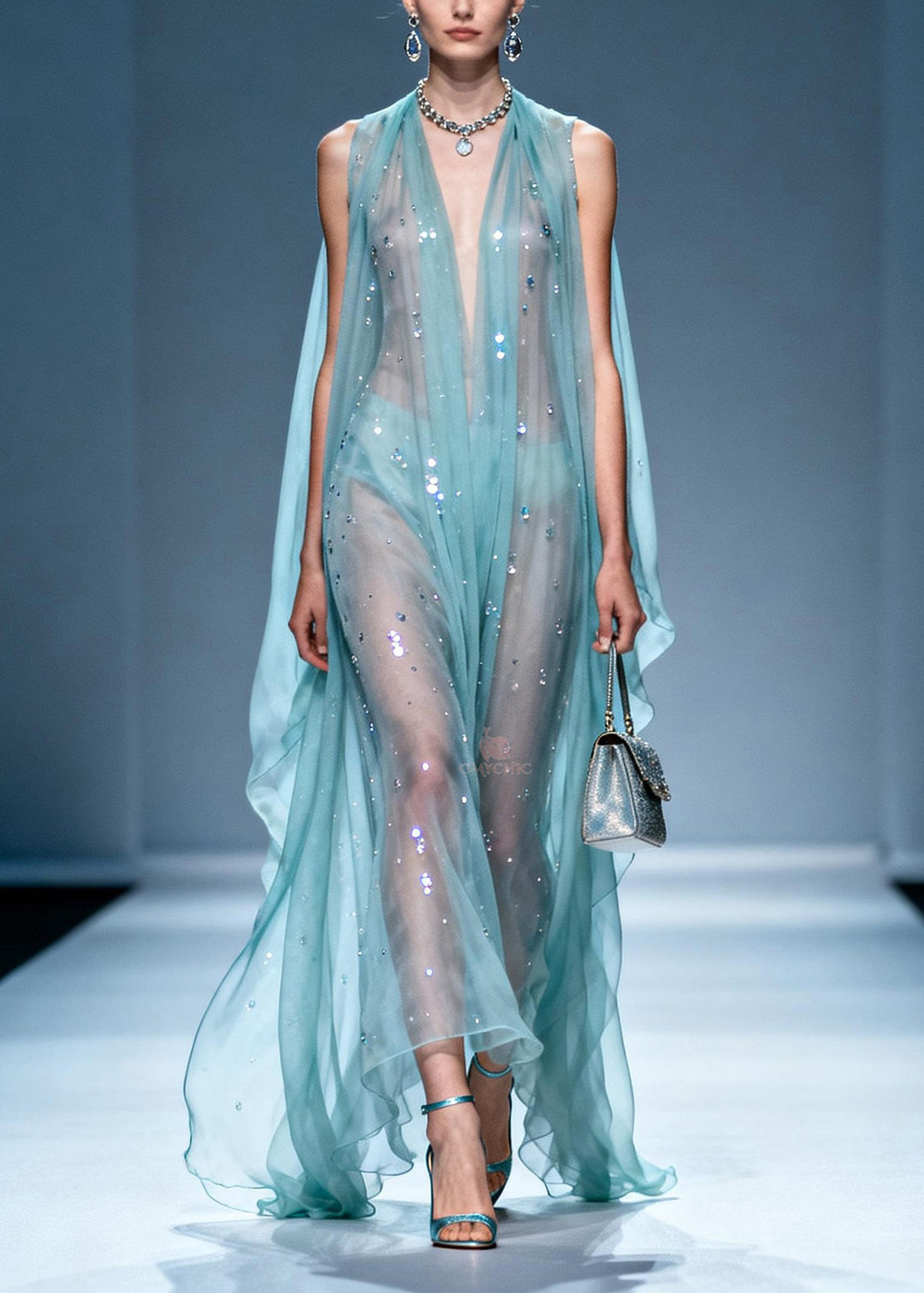 Unique V Neck Zircon Chiffon Long Dresses Summer