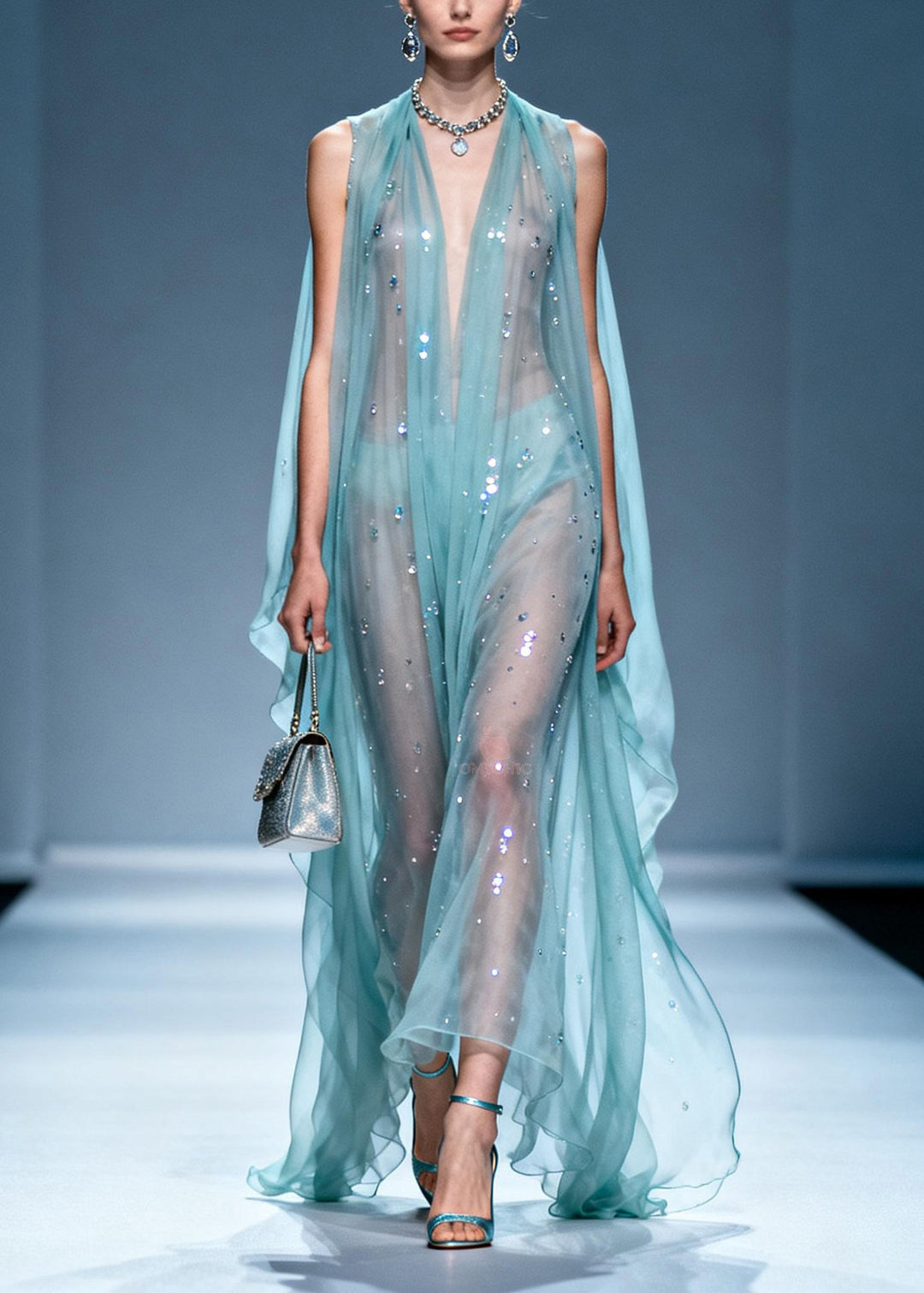 Unique V Neck Zircon Chiffon Long Dresses Summer