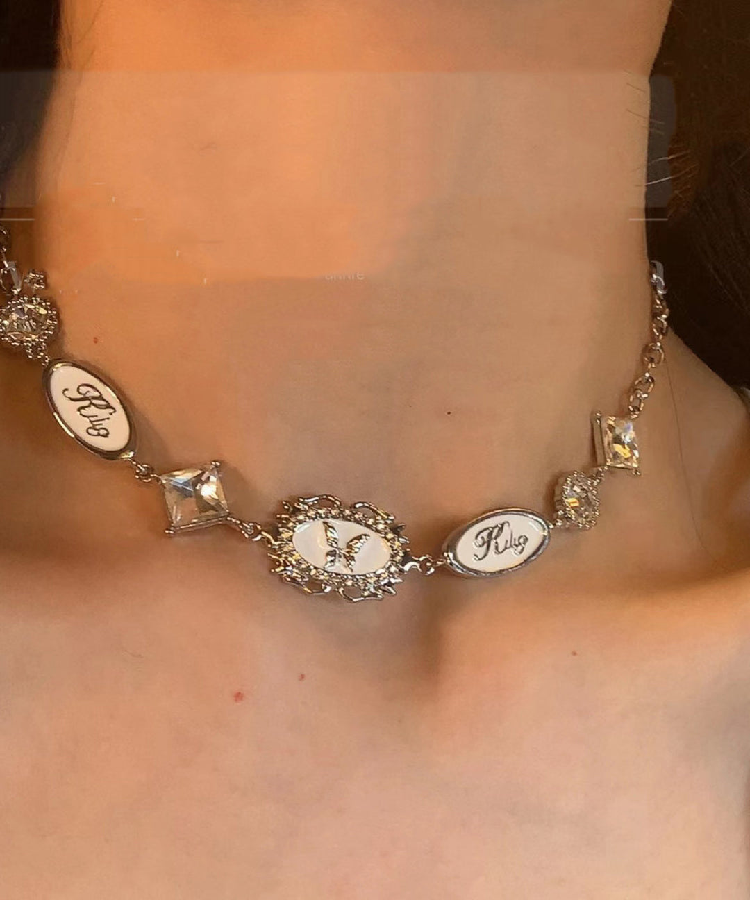 Unique White Alloy Zircon Drip Glaze Butterfly Collar Necklace