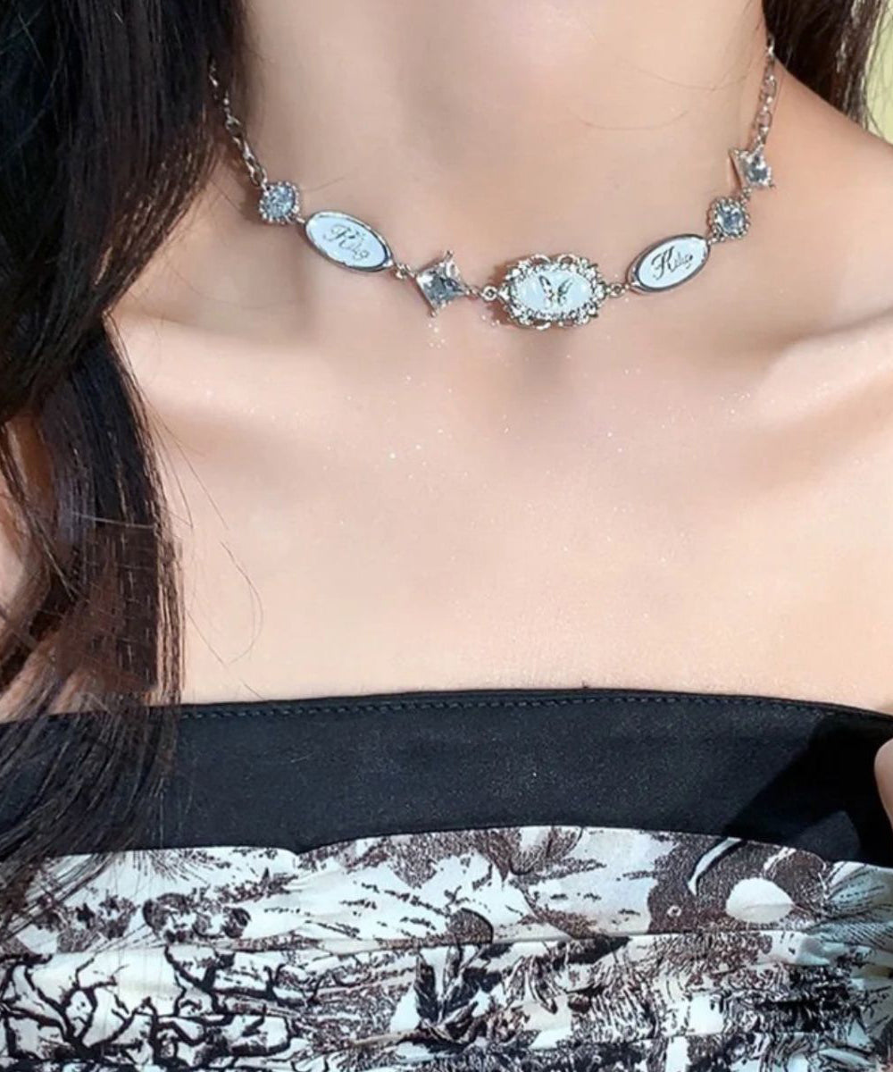 Unique White Alloy Zircon Drip Glaze Butterfly Collar Necklace