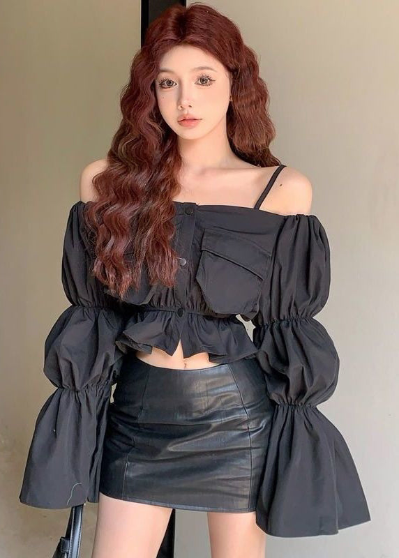 Unique White Cold Shoulder Cotton Shirt Tops Puff Sleeve
