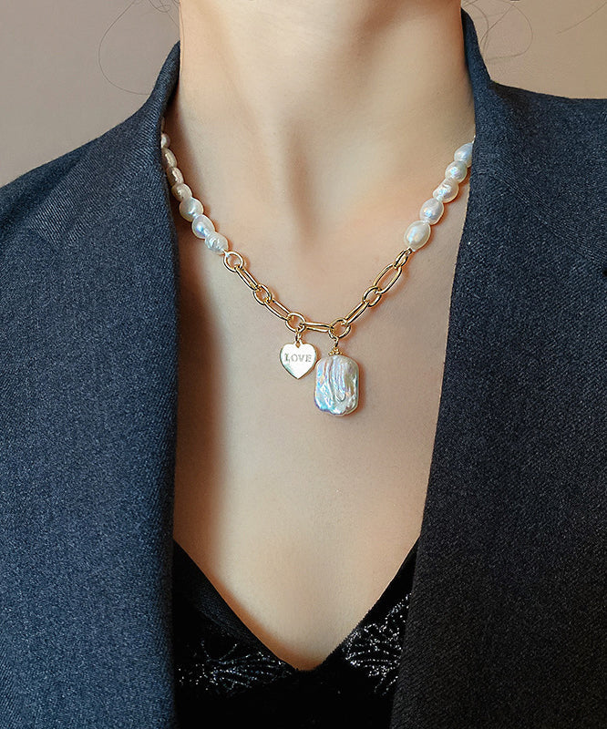 Unique White Copper Overgild Asymmetrical Pearl Pendant Necklace