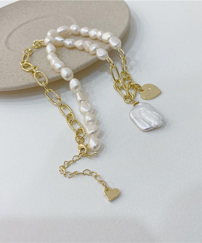Unique White Copper Overgild Asymmetrical Pearl Pendant Necklace