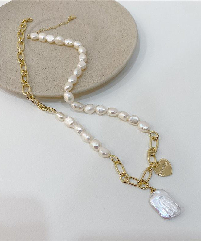Unique White Copper Overgild Asymmetrical Pearl Pendant Necklace