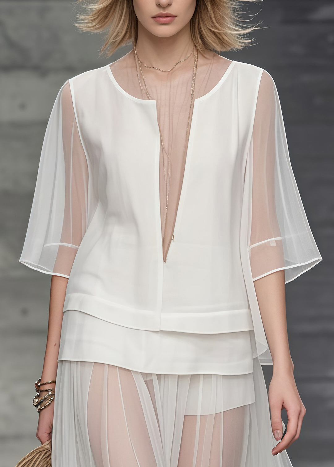 Unique White Deep-V Neck Patchwork Tulle Two Piece Set Women Clothing Summer