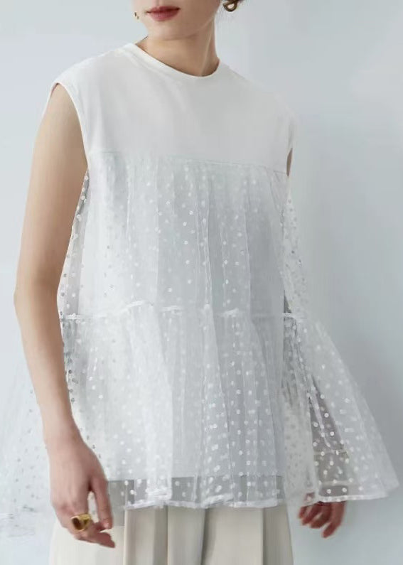 Unique White Embroideried Patchwork Tulle Tops Sleeveless