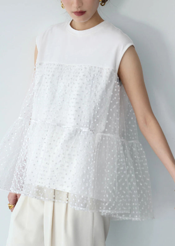 Unique White Embroideried Patchwork Tulle Tops Sleeveless