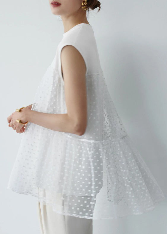 Unique White Embroideried Patchwork Tulle Tops Sleeveless