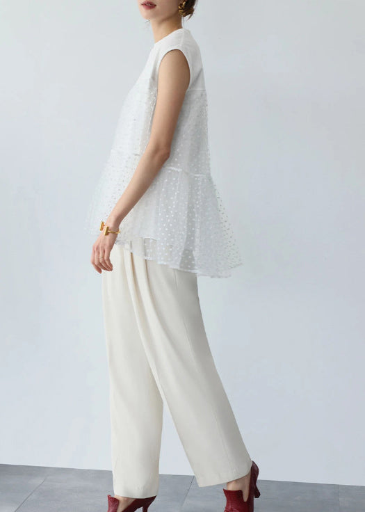 Unique White Embroideried Patchwork Tulle Tops Sleeveless