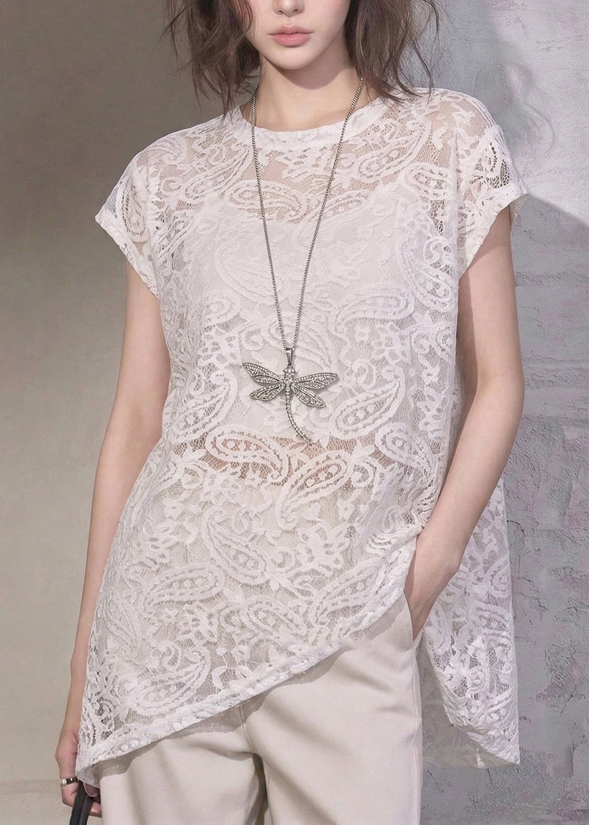 Unique White O-Neck Asymmetrical Lace T Shirt Summer