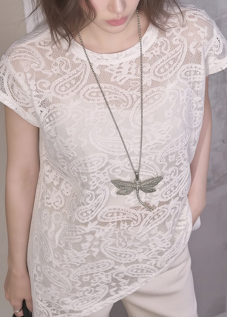 Unique White O-Neck Asymmetrical Lace T Shirt Summer