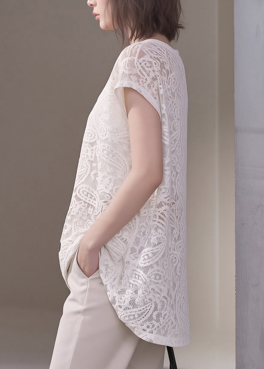 Unique White O-Neck Asymmetrical Lace T Shirt Summer
