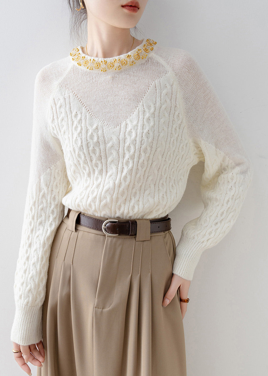 Unique White O Neck Nail Bead Knit Sweaters Spring