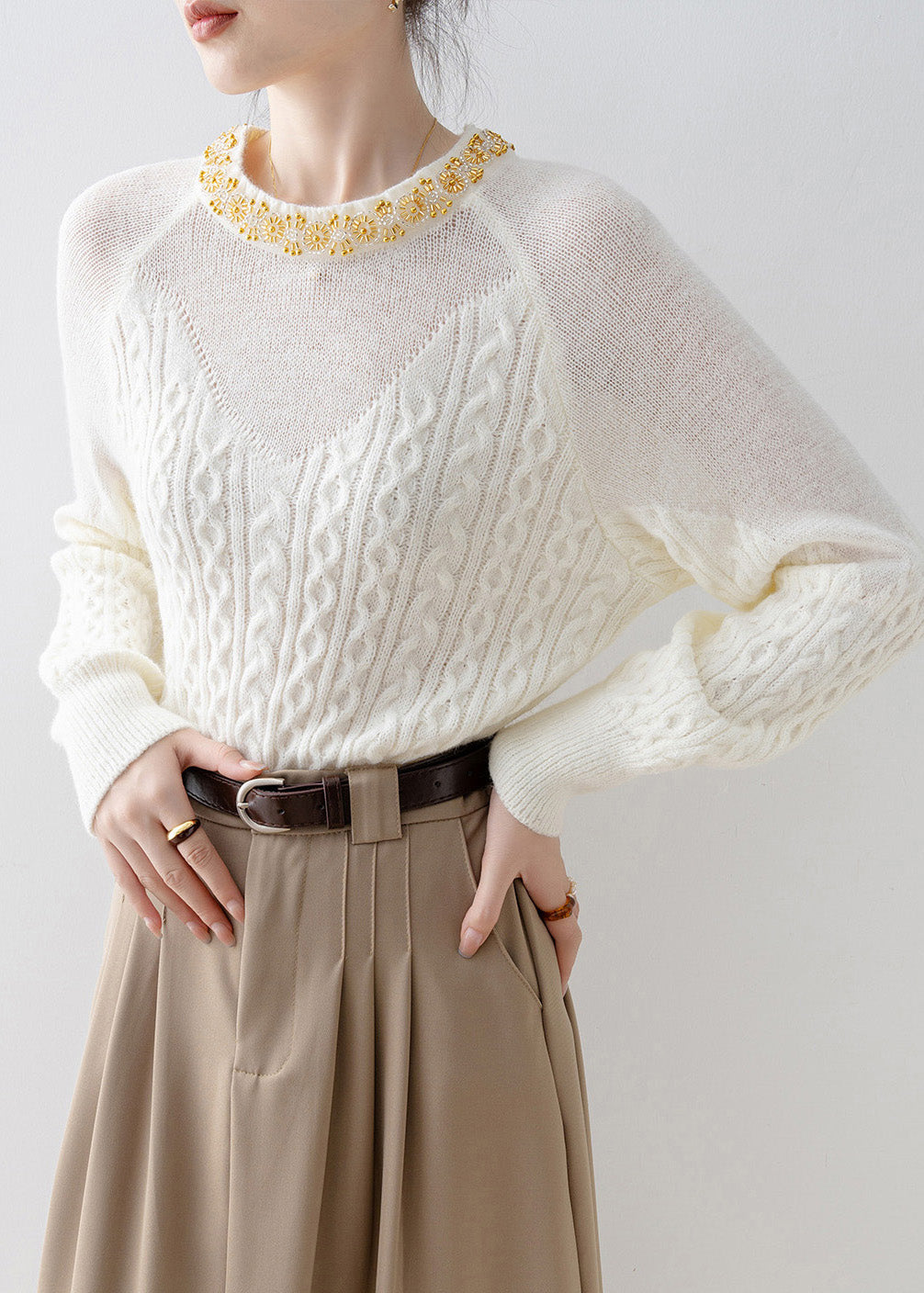 Unique White O Neck Nail Bead Knit Sweaters Spring