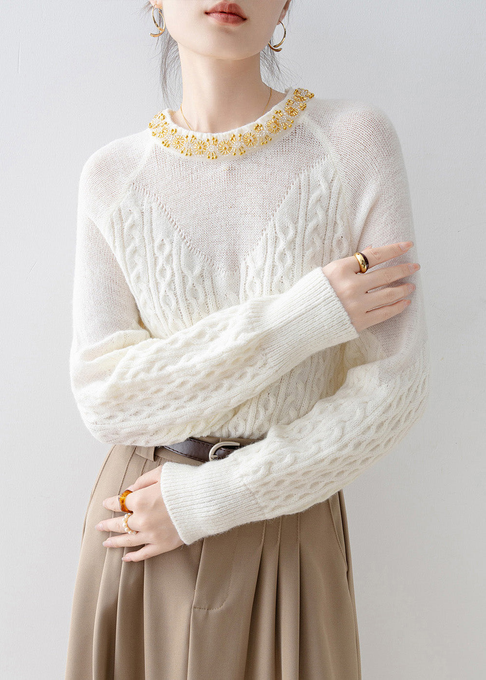 Unique White O Neck Nail Bead Knit Sweaters Spring