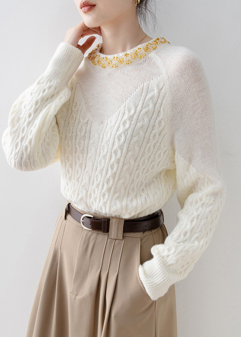 Unique White O Neck Nail Bead Knit Sweaters Spring
