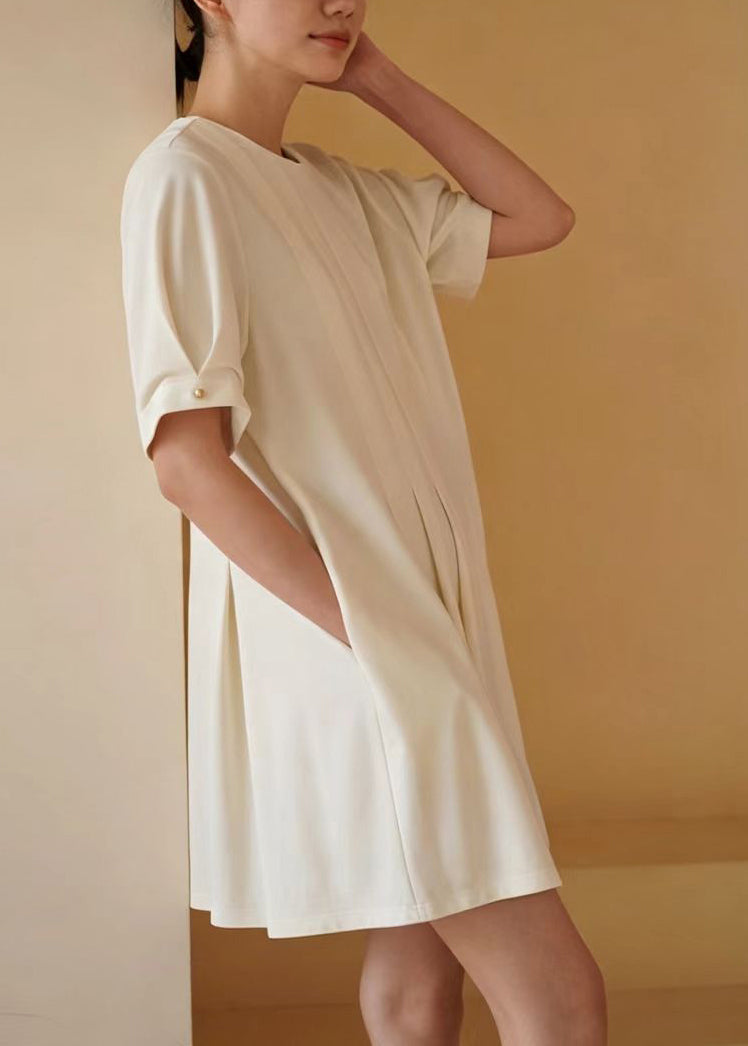 Unique White O-Neck Pleated Work Dress Summer