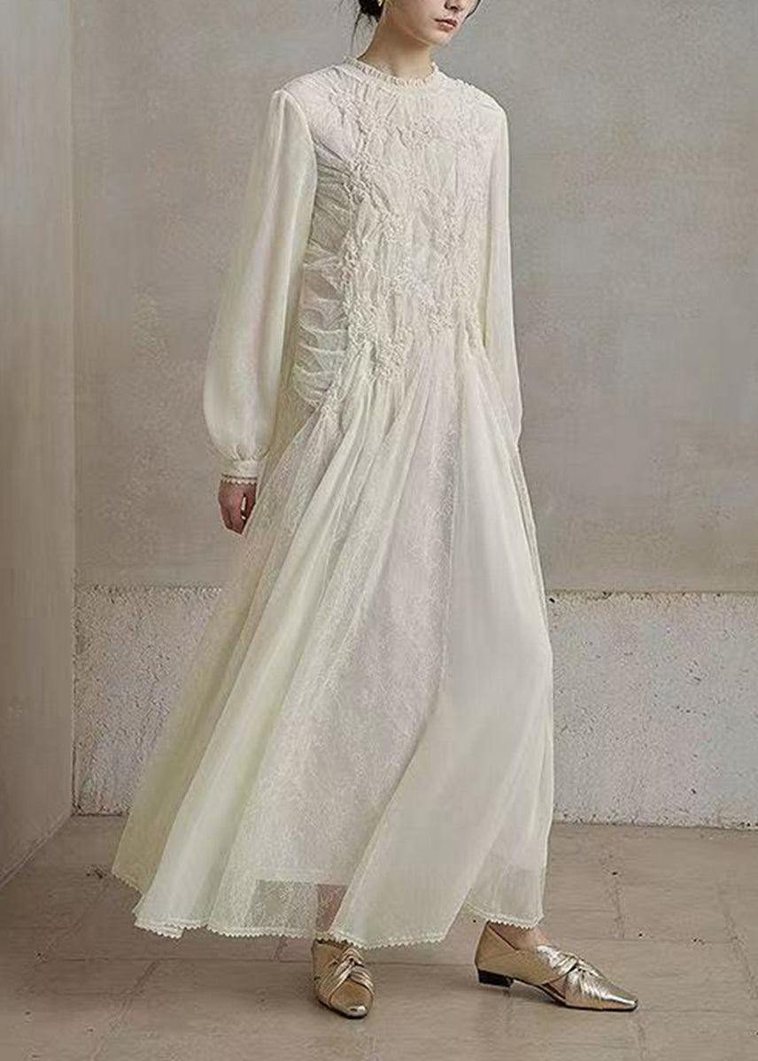 Unique White O-Neck Ruffled Lace Maxi Dresses Fall