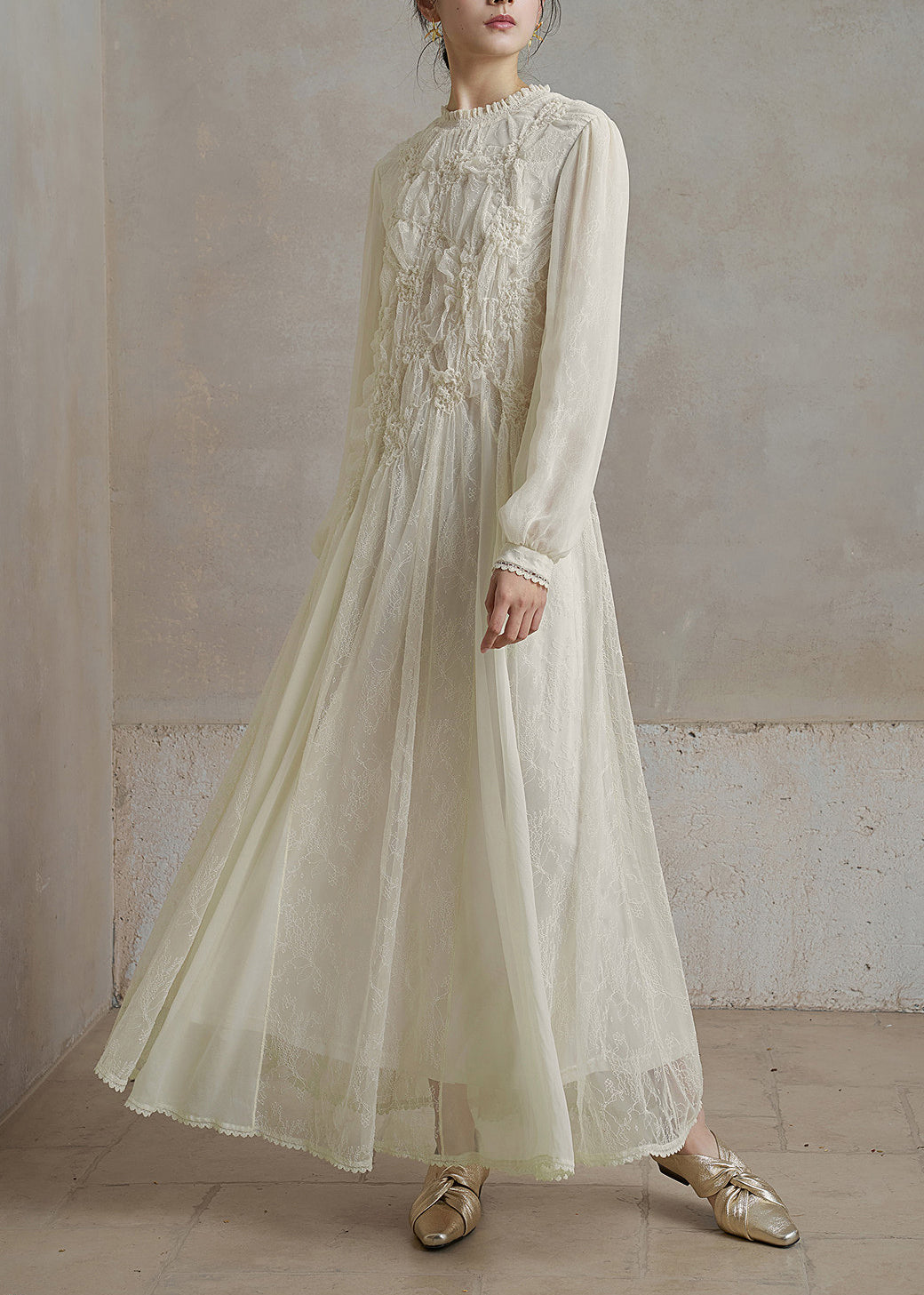 Unique White O-Neck Ruffled Lace Maxi Dresses Fall