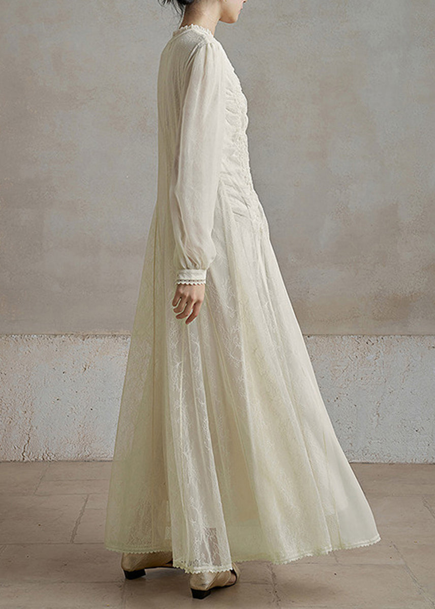 Unique White O-Neck Ruffled Lace Maxi Dresses Fall