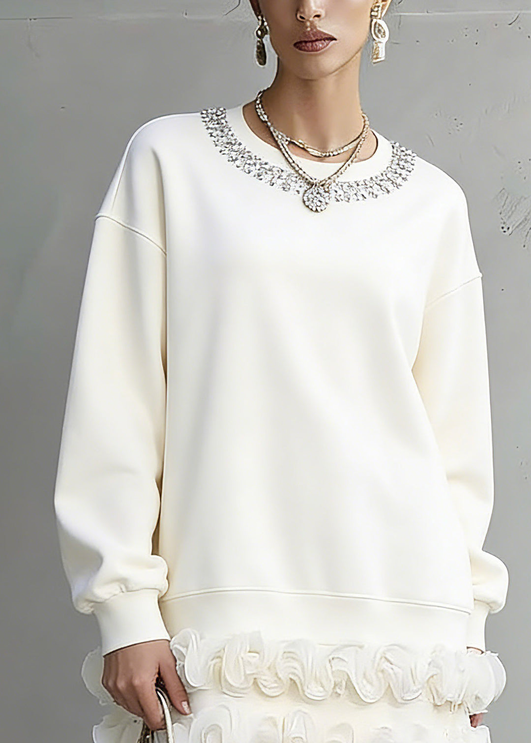 Unique White O-Neck Zircon T Shirts Lantern Sleeve