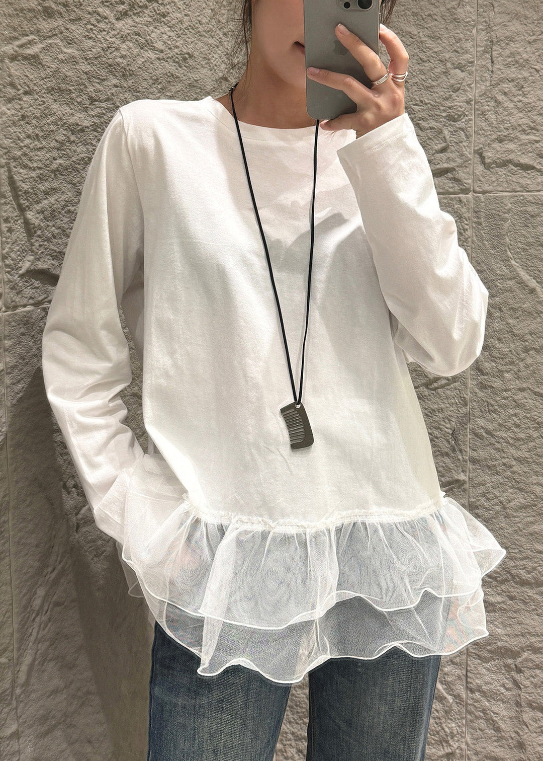 Unique White Oversized Patchwork Tulle Shirt Fall